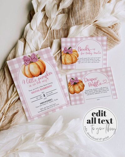Little Cutie Pumpkin Baby Shower Invite with Pink Bow, Girl Pumpkin Invitation Locally Grown Fall Invitation Set Printable Template #068