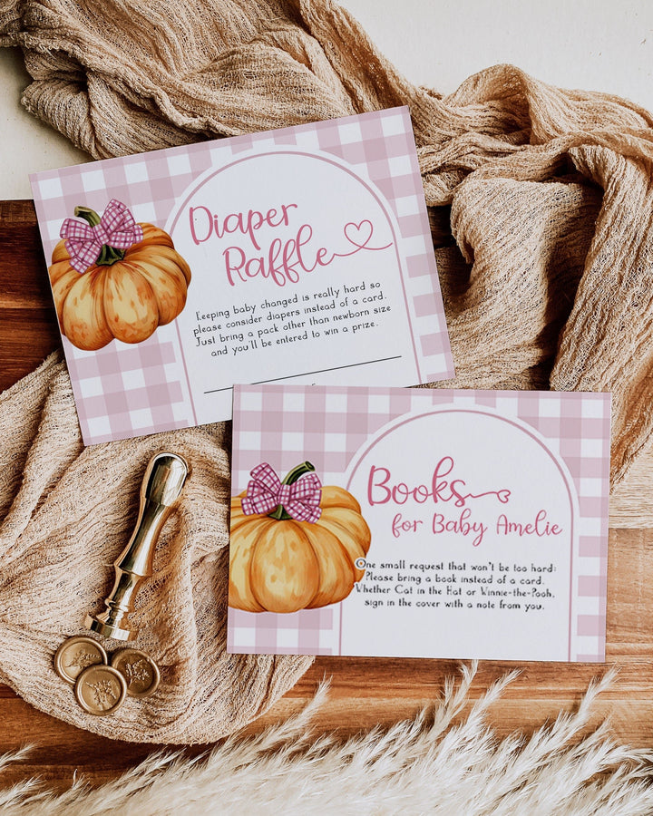 Little Cutie Pumpkin Baby Shower Invite with Pink Bow, Girl Pumpkin Invitation Locally Grown Fall Invitation Set Printable Template #068