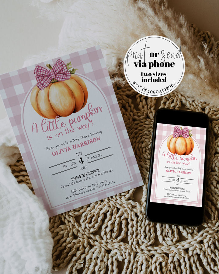 Little Cutie Pumpkin Baby Shower Invite with Pink Bow, Girl Pumpkin Invitation Locally Grown Fall Invitation Set Printable Template #068