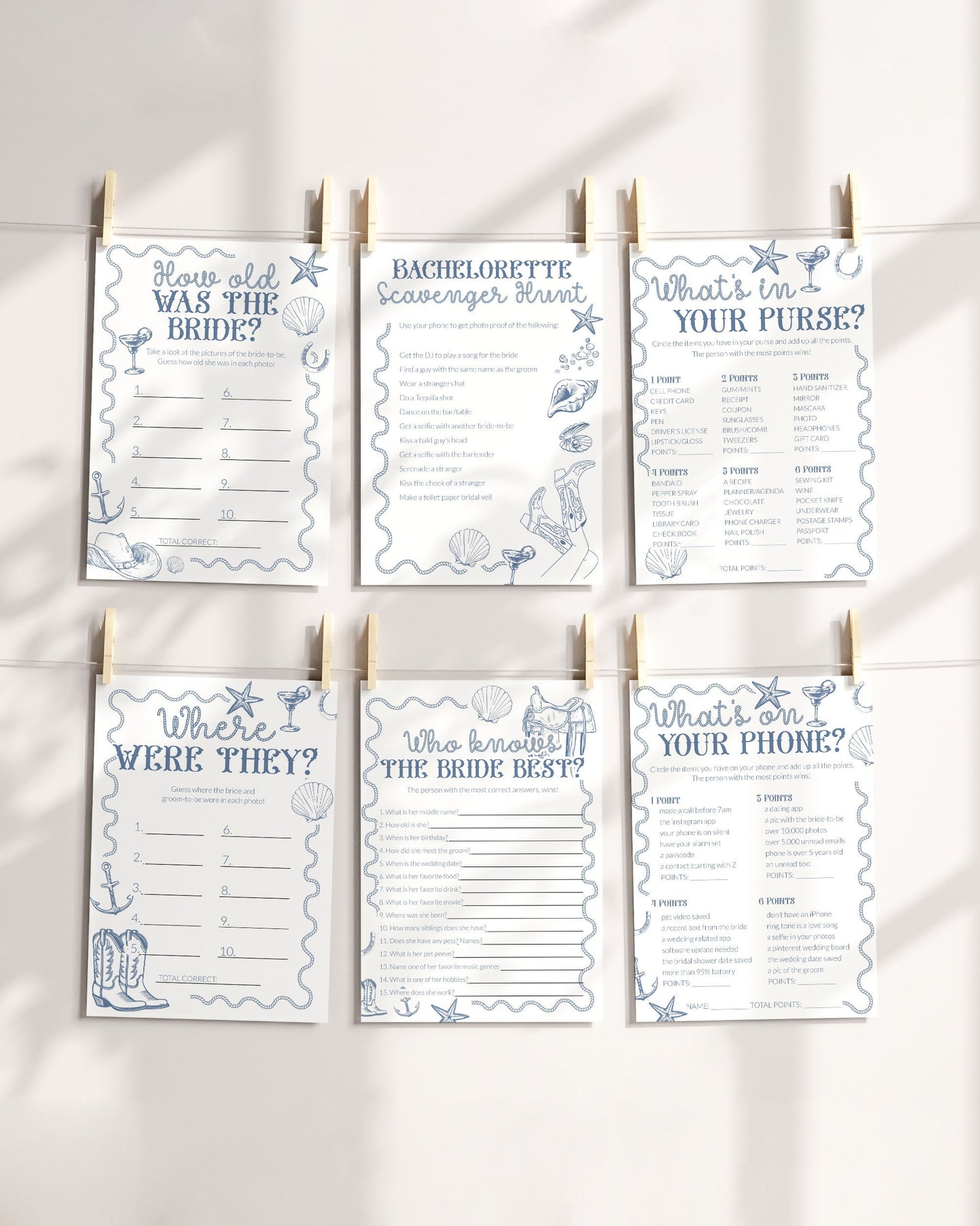 Coastal Cowgirl Nautical Bachelorette Party Games, Beach Bridal Shower Game Bundle Printable Template, Bingo, Would She, Word Scramble #072 - TheLovebirdsDesign