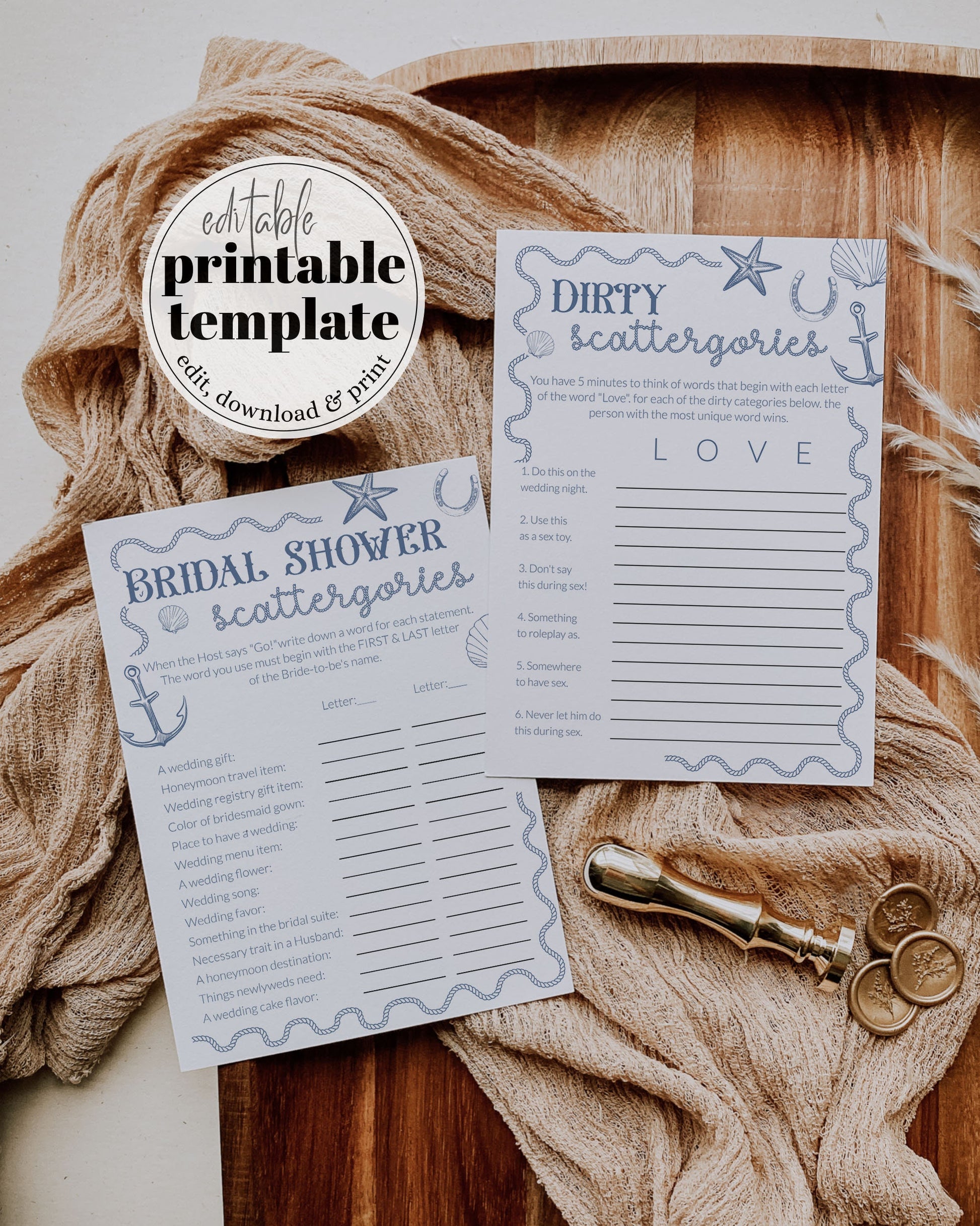 Coastal Cowgirl Nautical Bachelorette Party Games, Beach Bridal Shower Game Bundle Printable Template, Bingo, Would She, Word Scramble #072 - TheLovebirdsDesign