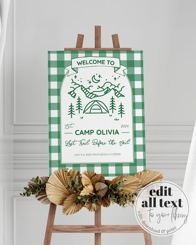 Camping Bachelorette Welcome Sign, Glamping Bach Party Template 016GR-WLCM - marryful.org