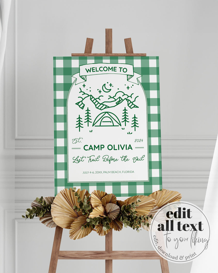 Camping Bachelorette Welcome Sign, Glamping Bach Party Template 016GR-WLCM - marryful.org