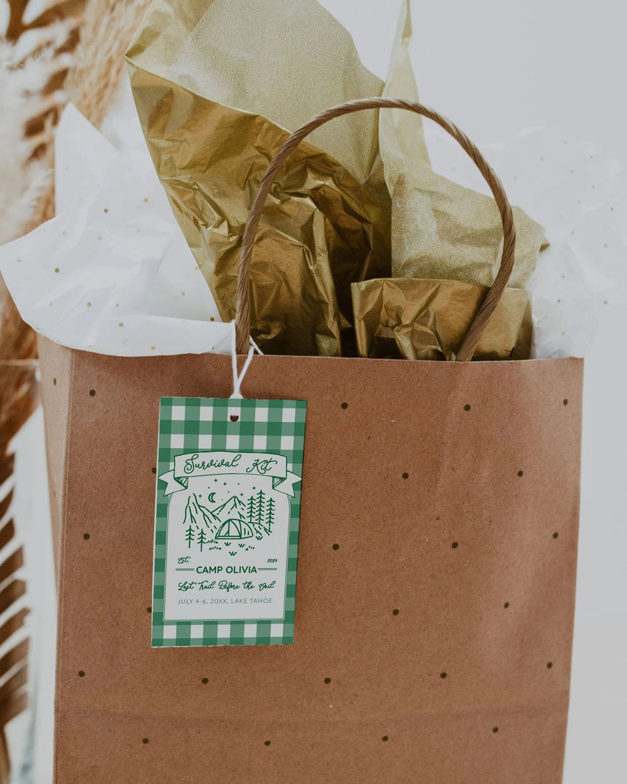 Camping Bachelorette Survival Kit Favor Tag, Last Trail Before the Veil, Editable Template 016GR-TAGS - marryful.org