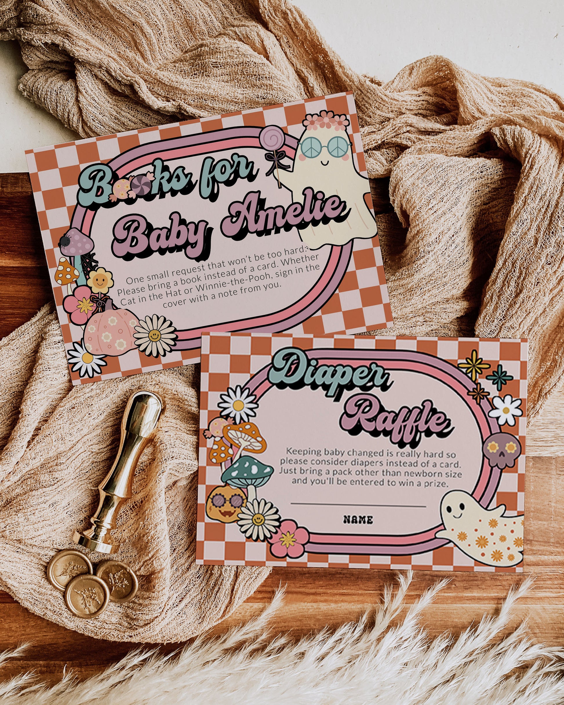 Groovy Baby Shower Invitation with Retro Halloween Theme, Little Boo is almost Due Gender Neutral Ghost Invite for October Baby Shower #081 - TheLovebirdsDesign