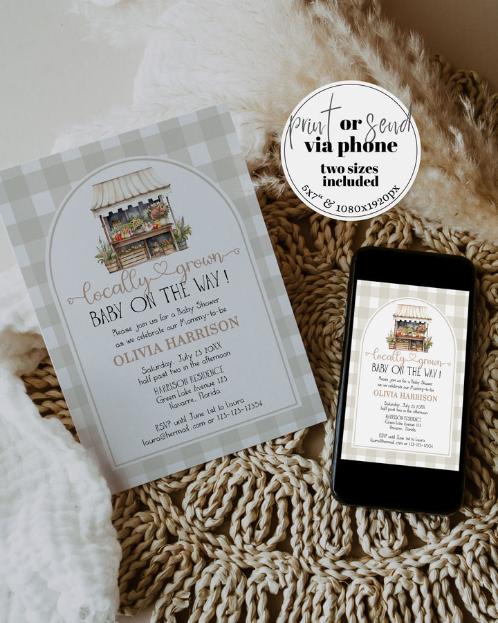 Gender Neutral Locally Grown Baby Shower Invitation Farmers Market Stand Shower Invite Bundle, Veggie Printable Template Homegrown Baby #068 - TheLovebirdsDesign