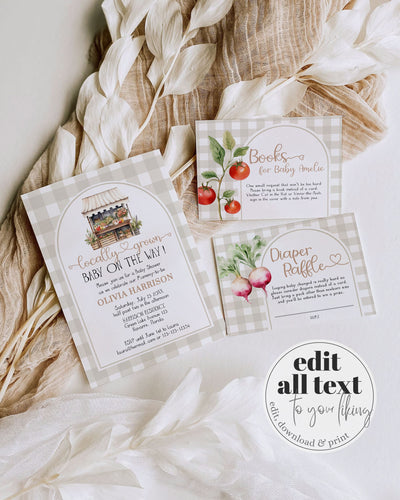 Gender Neutral Locally Grown Baby Shower Invitation Farmers Market Stand Shower Invite Bundle, Veggie Printable Template Homegrown Baby #068 - TheLovebirdsDesign