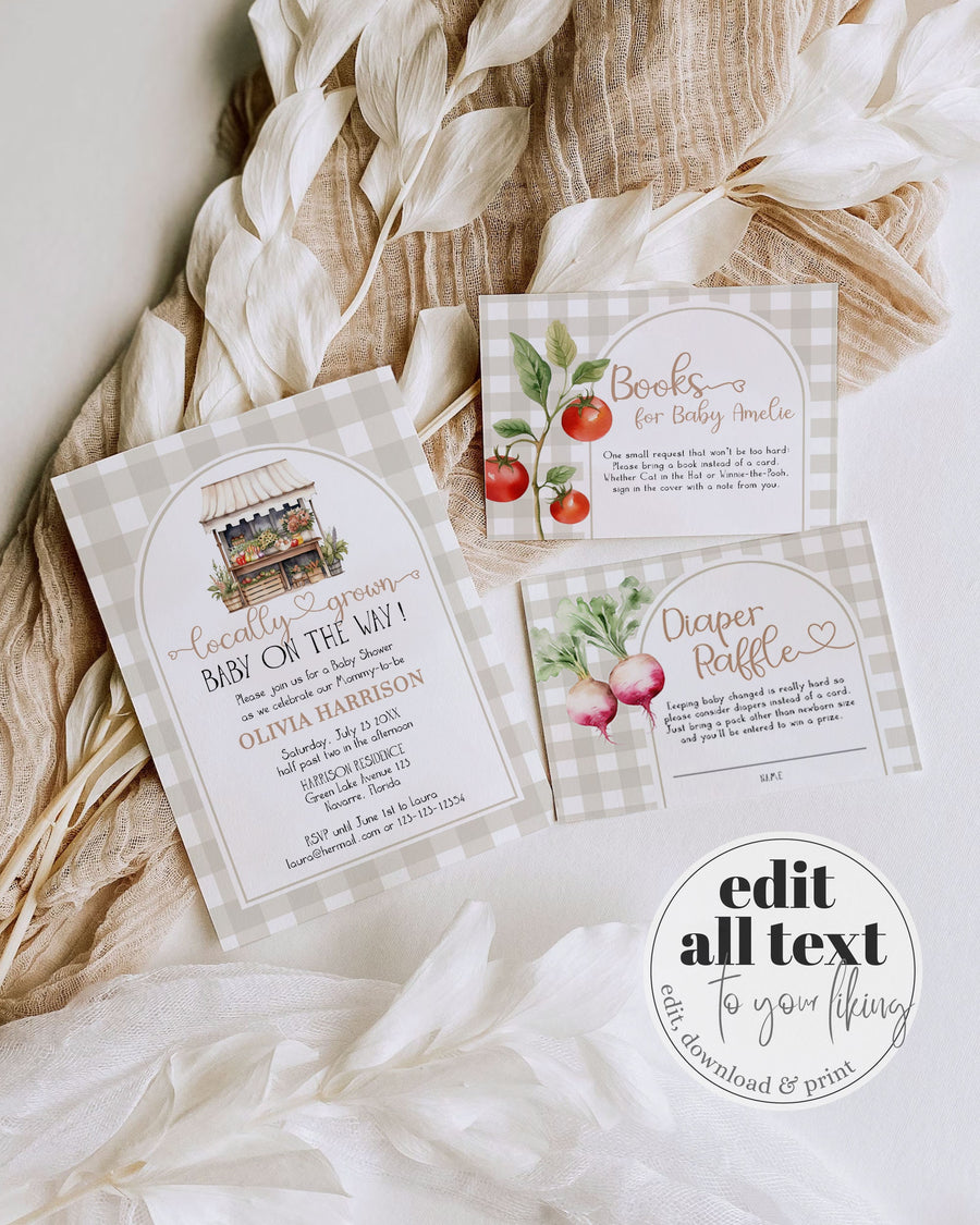 Locally Grown Baby Shower Invitation Bundle, Farmers Market Veggie Template 003LG-BSINV - marryful.org