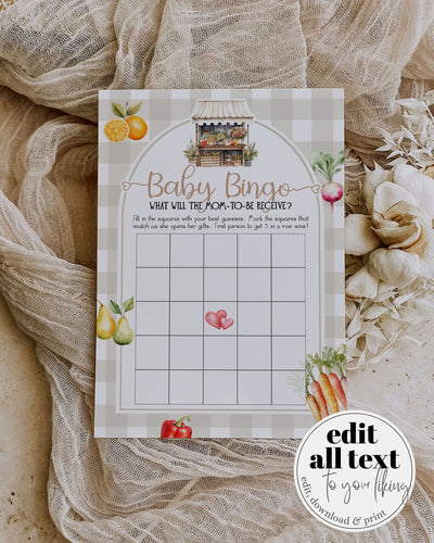 Locally Grown Baby Shower Editable Bingo Cards, Farmers Market Stand Baby Bingo, Veggie Baby Games Printable Template Homegrown Baby #068 - TheLovebirdsDesign