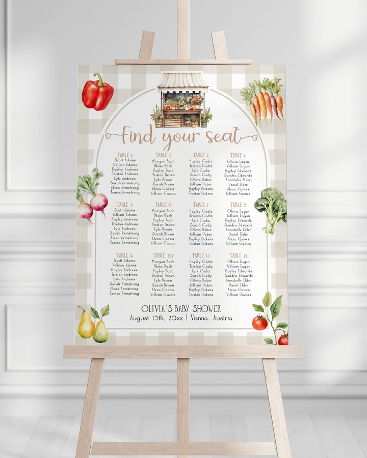 Locally Grown Seating Chart Baby Shower, Seating Chart Sign with Farmers Market Stand Veggie Gender Reveal Birthday Printable Template #068 - TheLovebirdsDesign