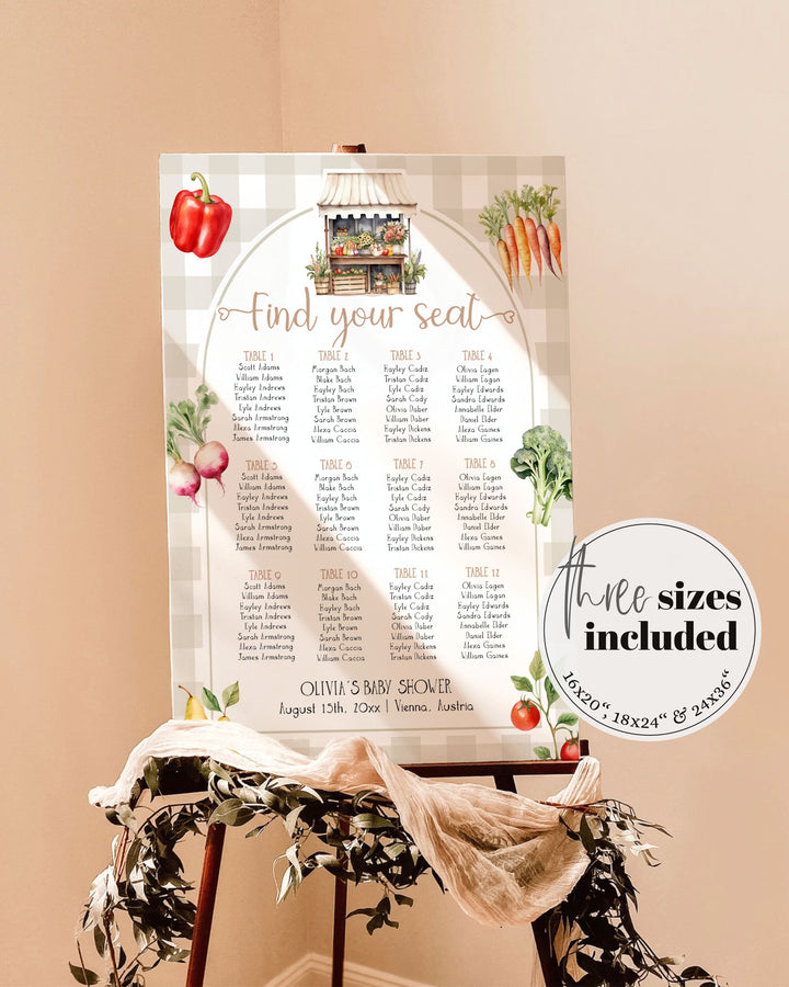 Locally Grown Seating Chart Baby Shower, Seating Chart Sign with Farmers Market Stand Veggie Gender Reveal Birthday Printable Template #068 - TheLovebirdsDesign