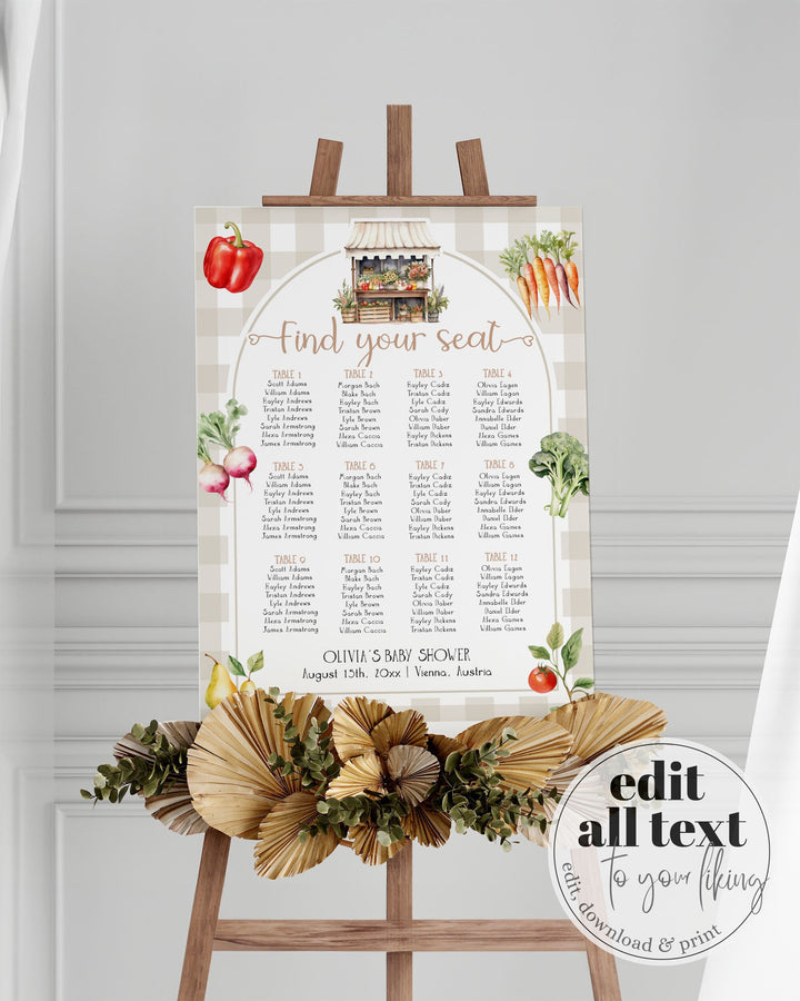 Locally Grown Seating Chart Baby Shower, Seating Chart Sign with Farmers Market Stand Veggie Gender Reveal Birthday Printable Template #068 - TheLovebirdsDesign