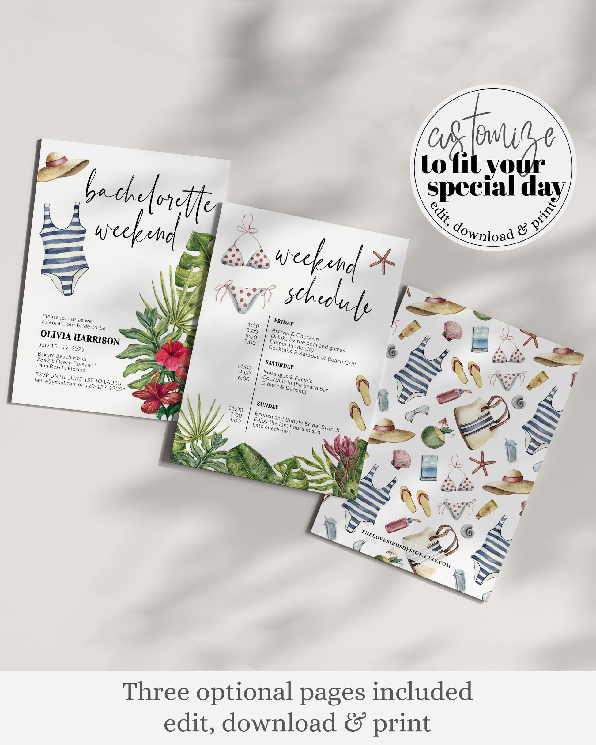 Beach Bachelorette Weekend Itinerary Template Poolside Bachelorette Weekend Coastal Bachelorette Itinerary Tropical Printable Template #072b - TheLovebirdsDesign