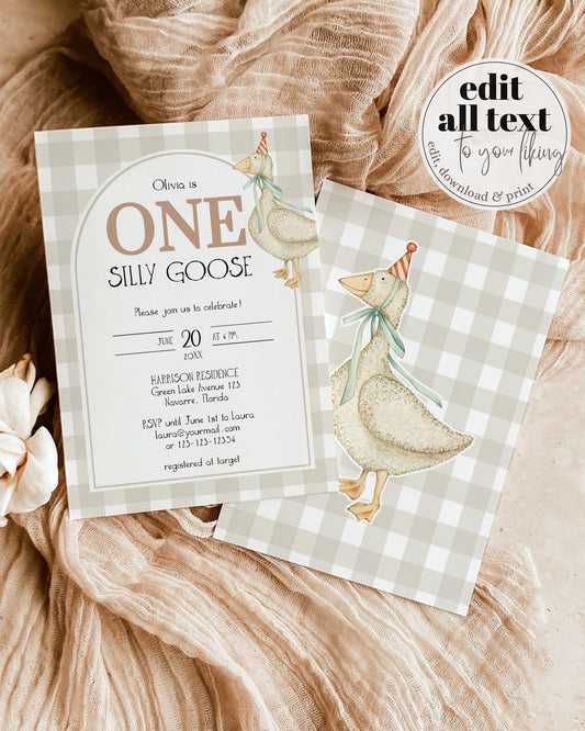 One Silly Goose Gender Neutral First Birthday Invitation, Silly Goose Invite Natural Retro Theme Nursery Party Decor Printable Template #068 - TheLovebirdsDesign