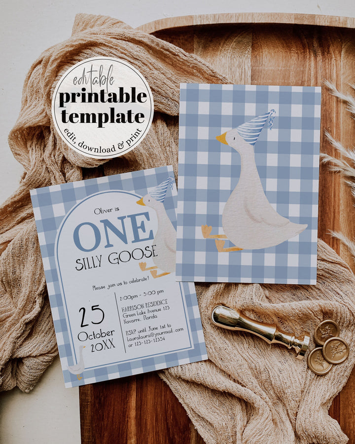 One Silly Goose First Birthday Invitation, Boy Birthday Party Gingham Decor, ONE silly goose First Birthday Invite Printable Template #068 - TheLovebirdsDesign
