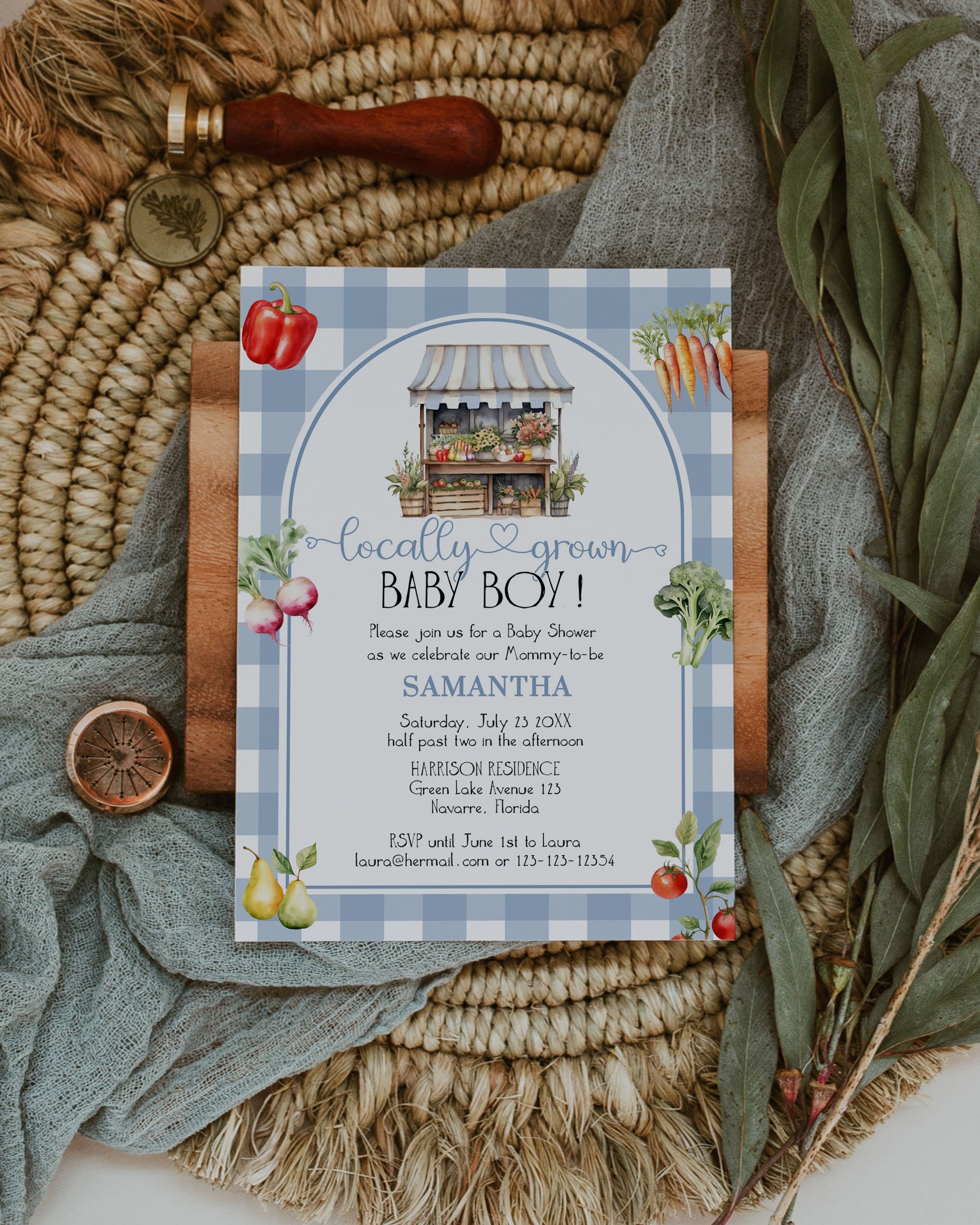 Locally Grown Dusty Blue Baby Shower Invitation, Editable Farmers Market Stand Baby Sprinkle Invite Bundle, Veggie Printable Template #068 - TheLovebirdsDesign