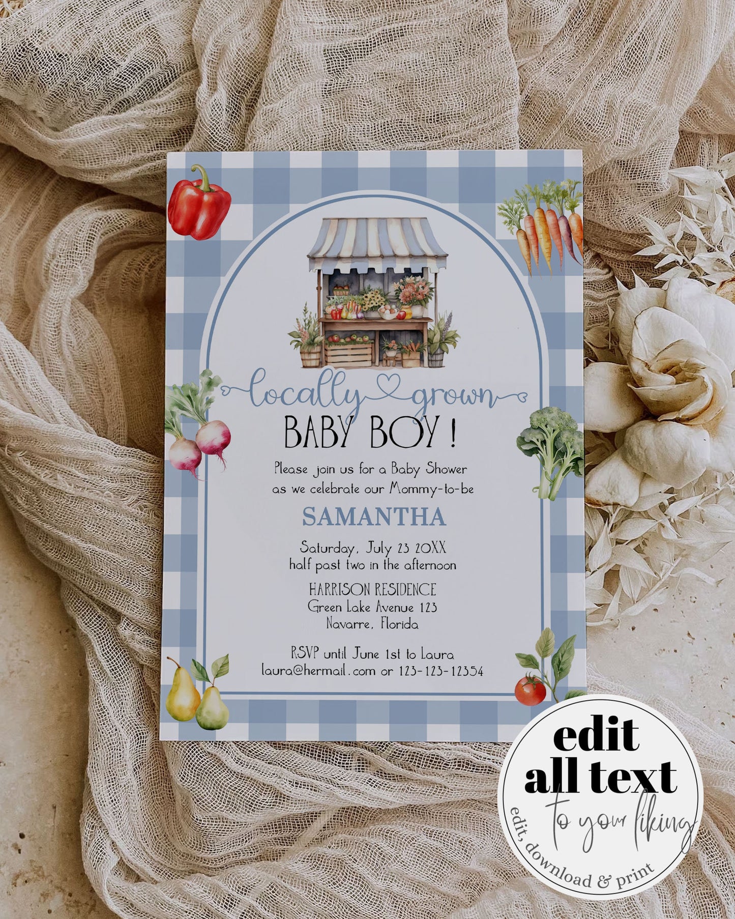 Locally Grown Dusty Blue Baby Shower Invitation, Editable Farmers Market Stand Baby Sprinkle Invite Bundle, Veggie Printable Template #068 - TheLovebirdsDesign