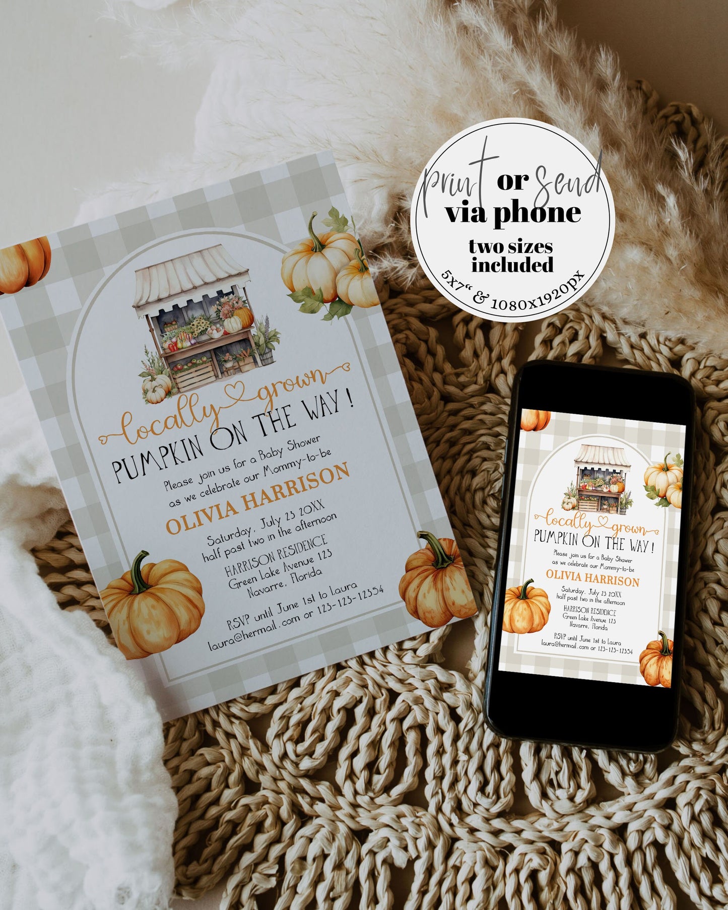 Gender Neutral Locally Grown Baby Shower Invite, Fall in Love Pumpkin Farmers Market Shower Invitation Boy or Girl Printable Template #068 - TheLovebirdsDesign