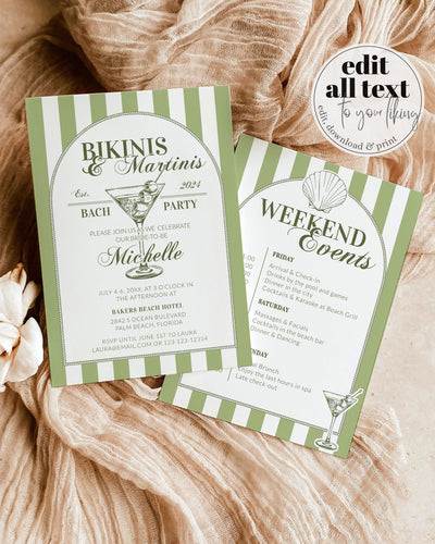 Bikinis and Martinis Bachelorette Itinerary, Dirty Martini Hen Do Invitation, Drunk in Love Girls Weekend Trip Tini Bachelorette Invite #072 - marryful.org