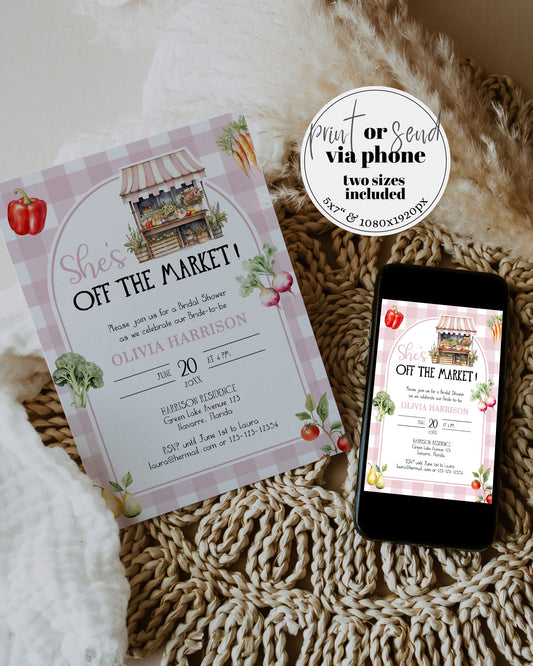 Farmers Market Bridal Shower Invitation Shes Off the Market Bridal Shower Invite Organic Outdoorsy Decor Garden Party Printable Template#068 - TheLovebirdsDesign