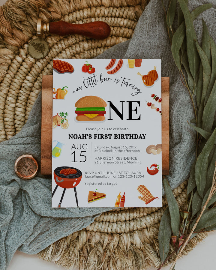 BBQ Burger 1st Birthday Invite, Bun ist turning ONE BBQ Summer Boy Invite for a Backyard Barbecue, First Birthday Suite Template #072a - TheLovebirdsDesign