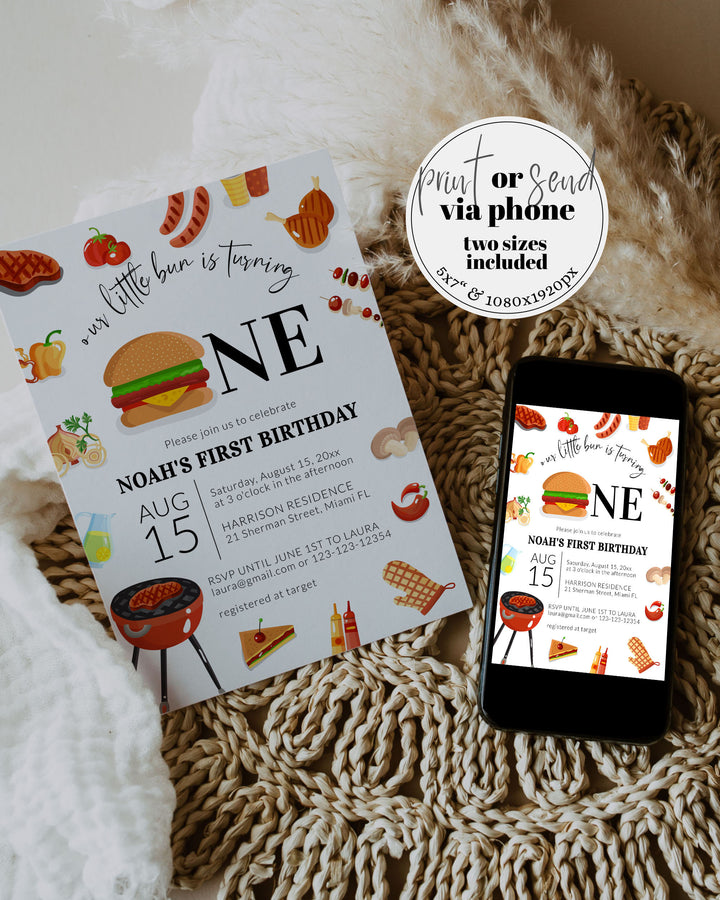 BBQ Burger 1st Birthday Invite, Bun ist turning ONE BBQ Summer Boy Invite for a Backyard Barbecue, First Birthday Suite Template #072a - TheLovebirdsDesign