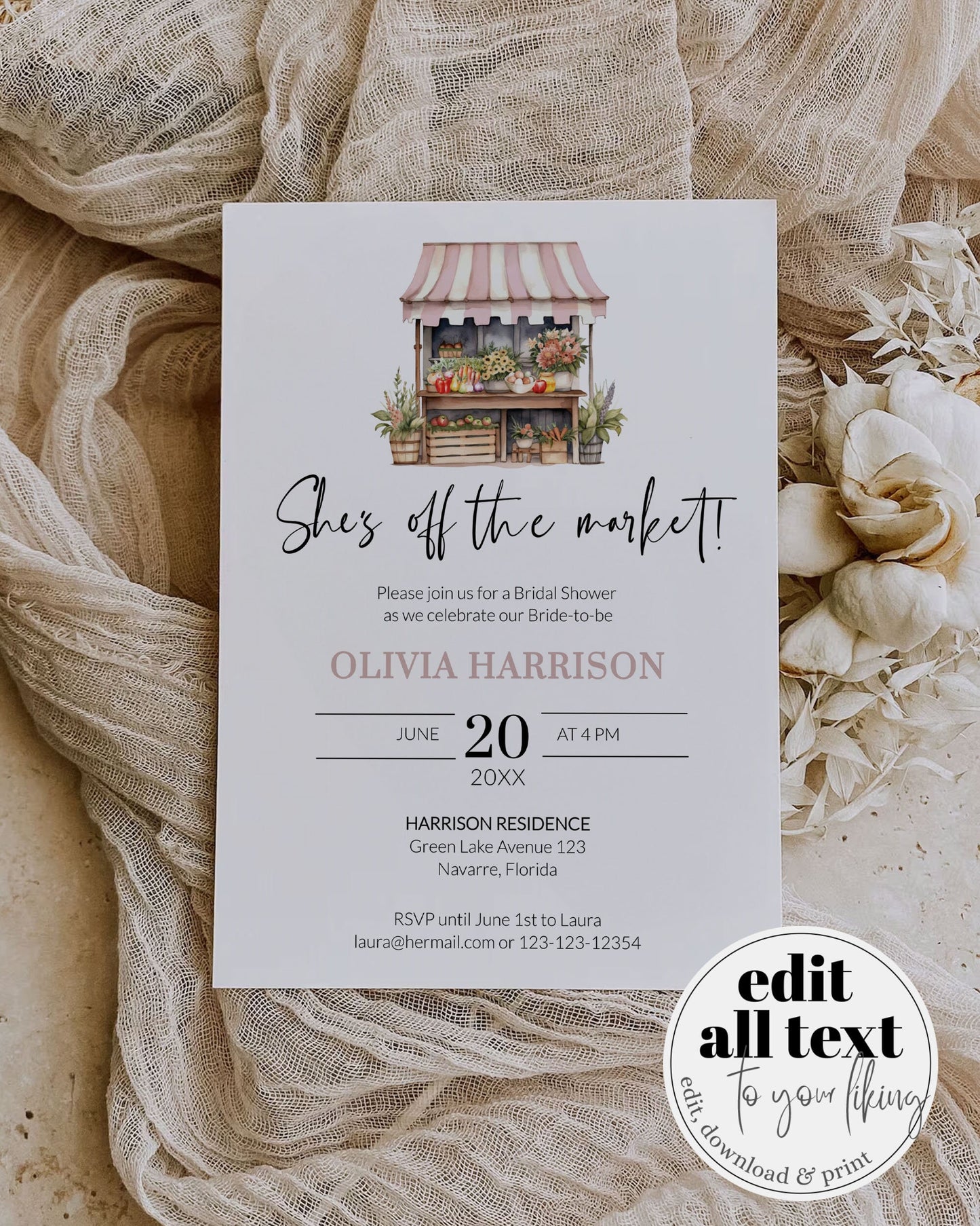 Off the Market Bridal Shower Invite, Farmers Market Couples Shower Invitation Organic Bride, Summer Wedding Shower Printable Template #068 - TheLovebirdsDesign