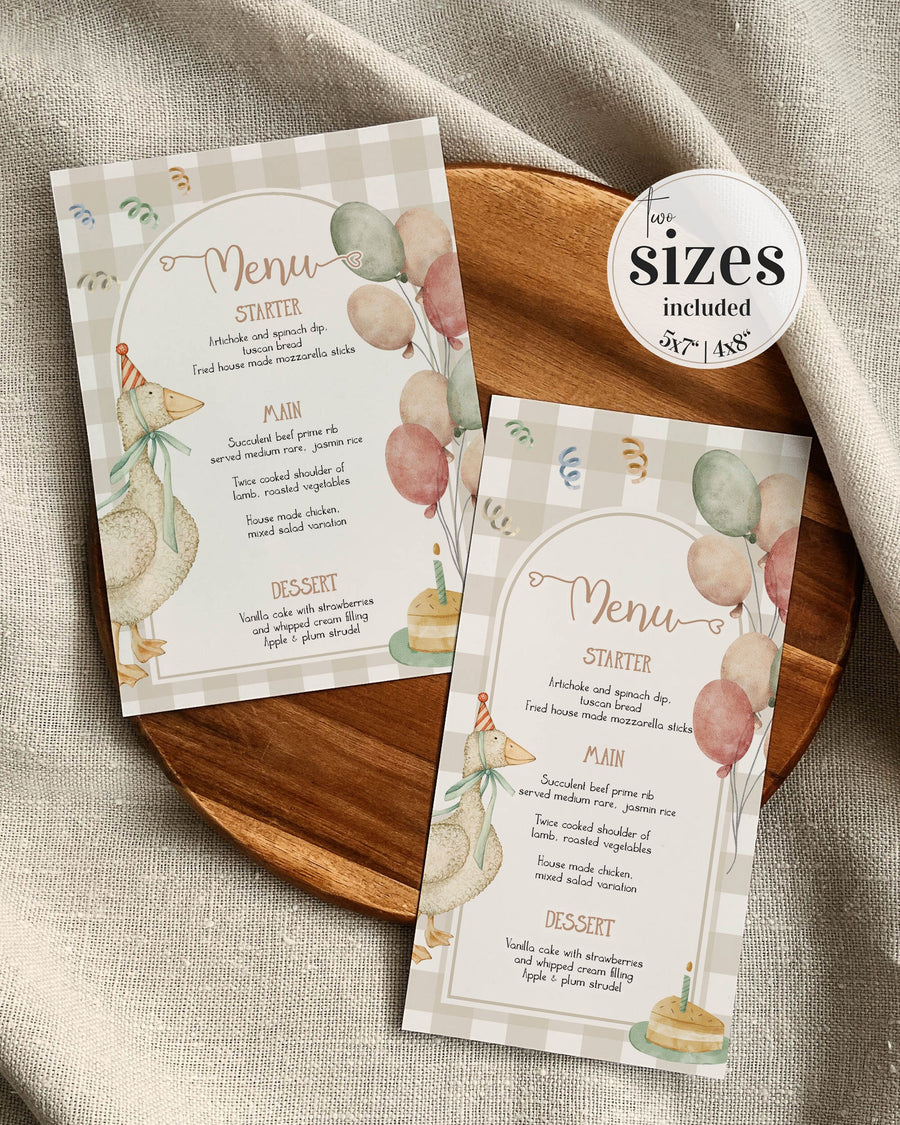 One Silly Goose Menu Card Template, Gender Neutral Natural Birthday Table Decor 004SG-MENU - marryful.org