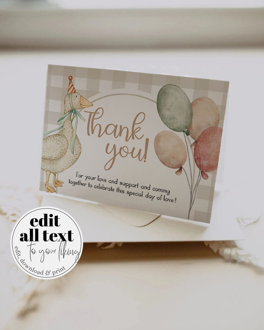 Silly Goose Thank You Card Template, Beige Gingham Goose Birthday Note Printable 004SG-THCA - marryful.org