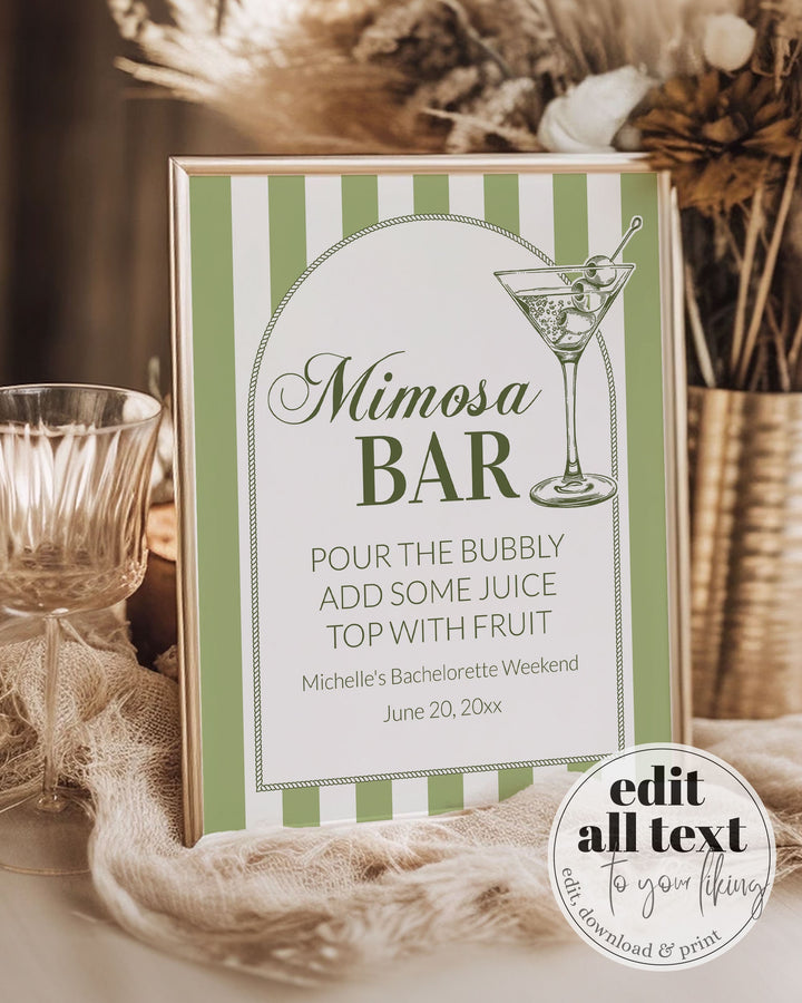 Bikinis and Martinis Mimosa Bar Sign, Martini themed 30th Birthday Bar Menu Sign, Editable Cocktail Menu Printable Template #072 - TheLovebirdsDesign