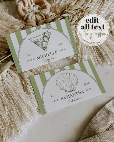 Bikinis and Martinis Place Cards for 30th Birthday, Editable Dry Martini themed Food Label, Dirty Martini Bach Party Printable Template #072 - TheLovebirdsDesign