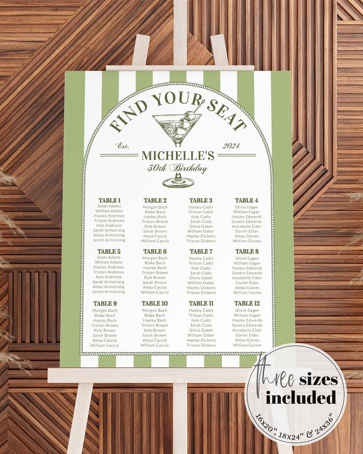 Martini Seating Chart for Tinis and Bikinis 30th Birthday Adult Party, Editable Seating Chart Sign Template Martini Themed Bach Party #072 - TheLovebirdsDesign