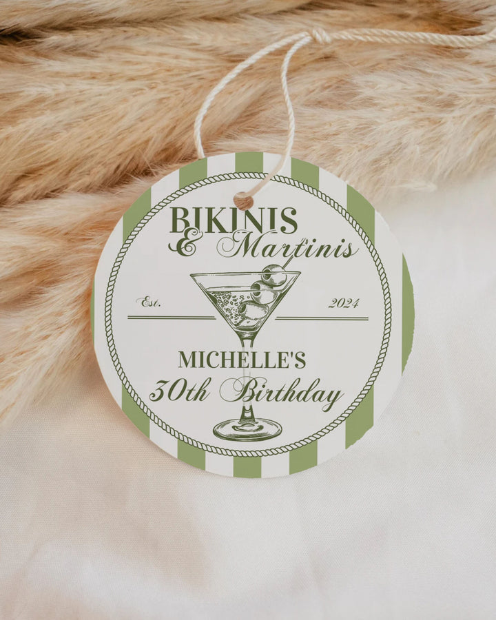 Bikinis Martinis Birthday Party Favor Tags, Dirty Martini Bach Favor Tags Template, Editable Tini Bit Older Dry Martini Decor Template #072 - TheLovebirdsDesign