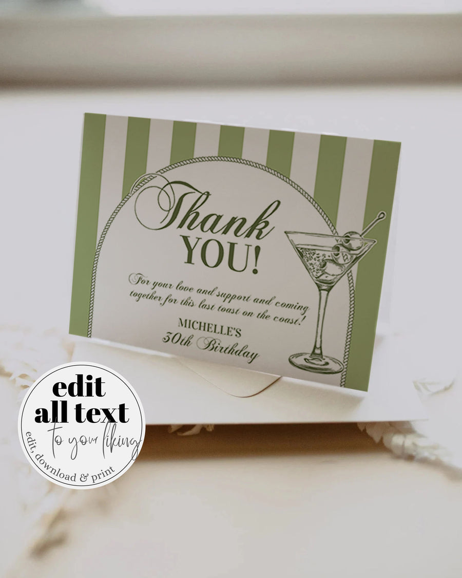 Martinis Bikinis Themed Thank you Card for Martini Bach or 30th Birthday, Editable Tini Bit Older Thank You Note Adult Woman Birthday #072 - marryful.org