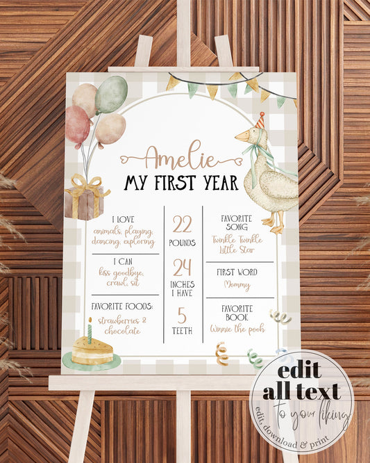 One Silly Goose Baby First Year Milestone Sign, Silly Goose My 1st Year Milestone Board Natural Retro Theme Party Decor Template #068 - TheLovebirdsDesign