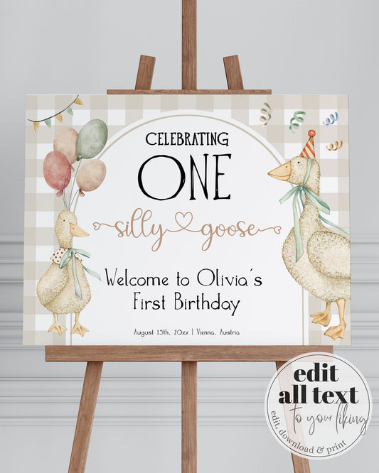 One Silly Goose Welcome Sign, Editable Silly Goose First Birthday Welcome Sign Natural Retro Theme Party Decorations Printable Template #068 - TheLovebirdsDesign