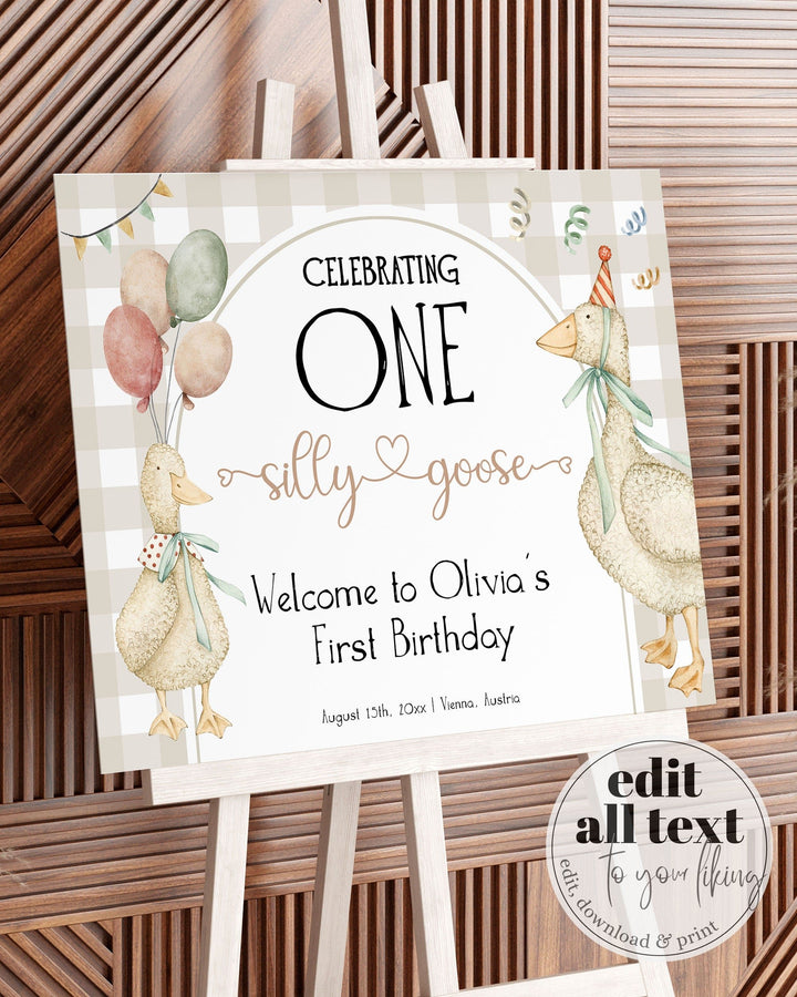 One Silly Goose Welcome Sign, Editable Silly Goose First Birthday Welcome Sign Natural Retro Theme Party Decorations Printable Template #068 - TheLovebirdsDesign