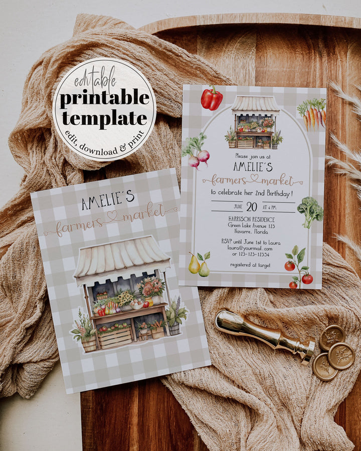 Market 1st Birthday Invitation, Farming Birthday Invite, Gender Neutral Farmers Market Locally Grown freshly picked fruits veggies #068 - TheLovebirdsDesign