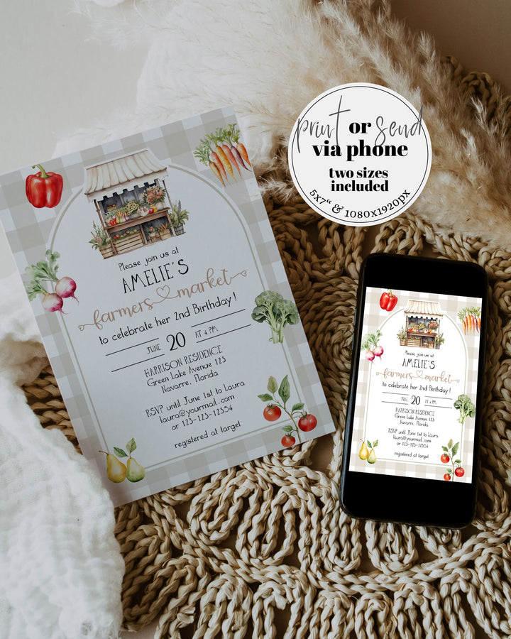 Market 1st Birthday Invitation, Farming Birthday Invite, Gender Neutral Farmers Market Locally Grown freshly picked fruits veggies #068 - TheLovebirdsDesign
