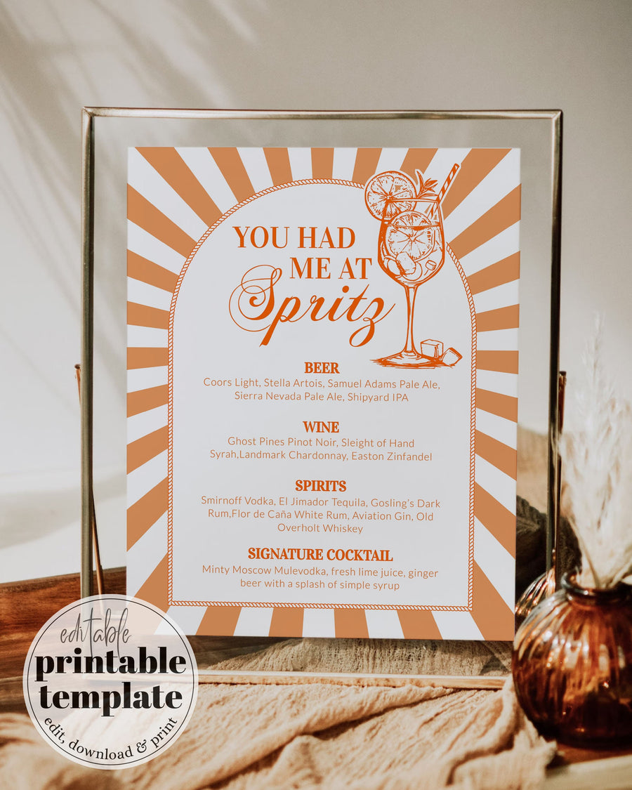 Aperol Spritz Bar Menu Template, You Had Me at Spritz Cocktail Sign 027AS-BAME - marryful.org