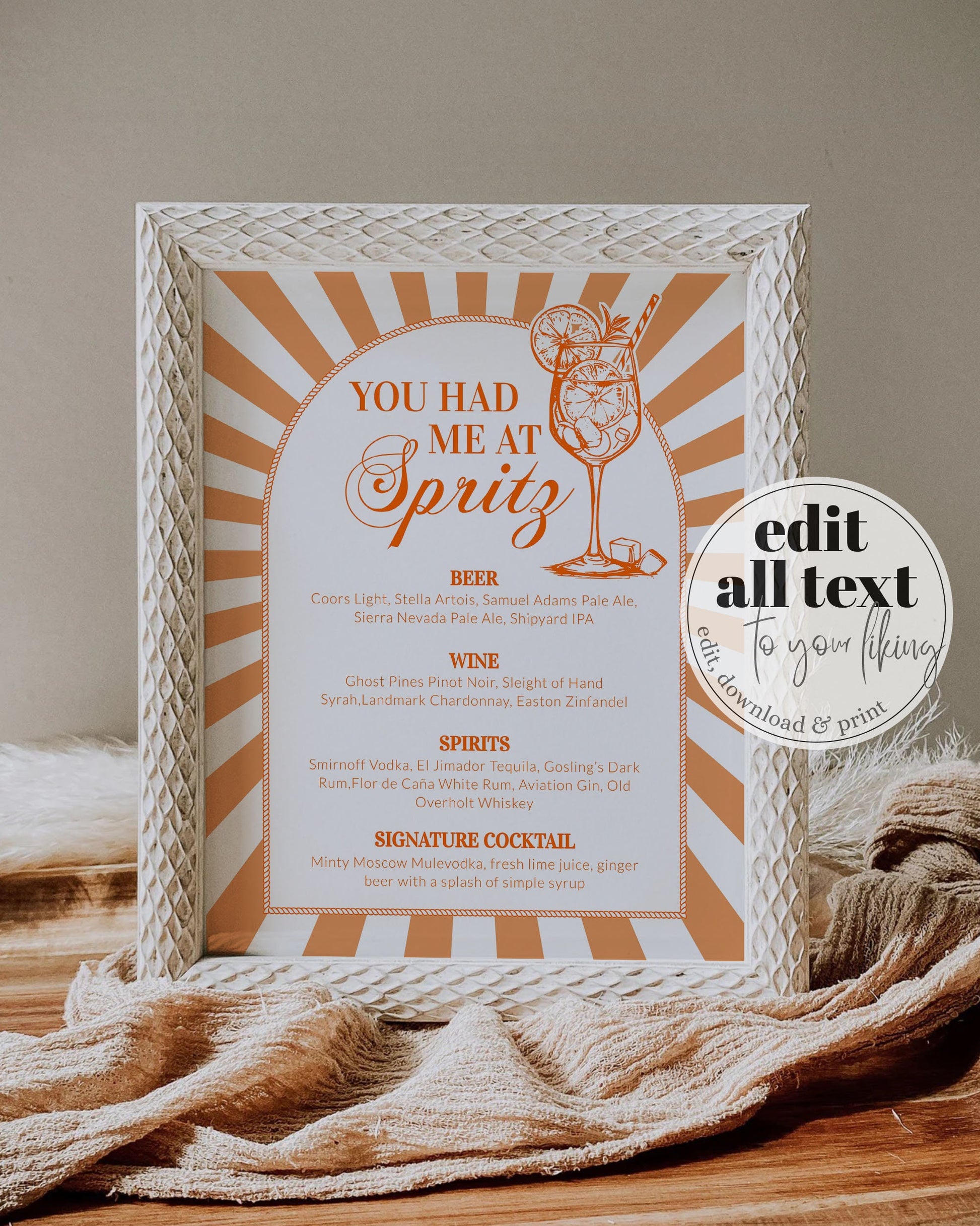 Love at first Spritz themed Bar Menu Sign, Thats Amore Italian Spritz Cocktail Drinks Menu You had me at Spritz Printable Template #072 - TheLovebirdsDesign