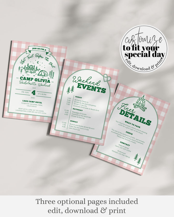 Camp Bachelorette Itinerary for Naturepark Bridal Shower, Camping Bachelorette Invitation, Last Trail before Veil Bachelorette Weekend #072 - TheLovebirdsDesign