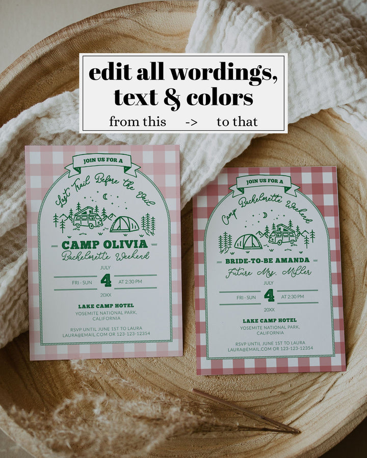 Camp Bachelorette Itinerary for Naturepark Bridal Shower, Camping Bachelorette Invitation, Last Trail before Veil Bachelorette Weekend #072 - TheLovebirdsDesign