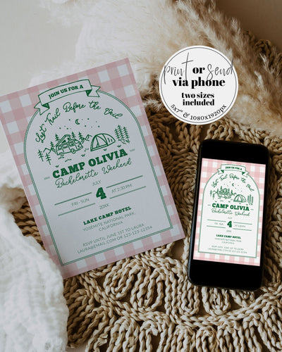 Camp Bachelorette Itinerary for Naturepark Bridal Shower, Camping Bachelorette Invitation, Last Trail before Veil Bachelorette Weekend #072 - TheLovebirdsDesign