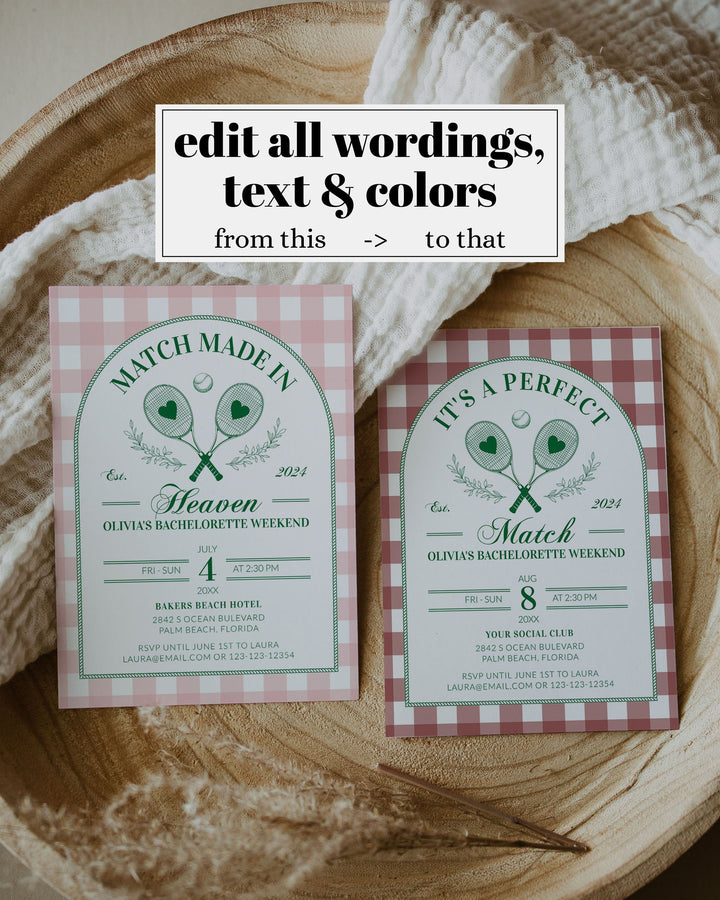 Tennis Bachelorette Itinerary for Pickleball Bridal Shower, Perfect Match Bachelorette Invitation, Last Swing before Ring Girls Trip #072 - TheLovebirdsDesign