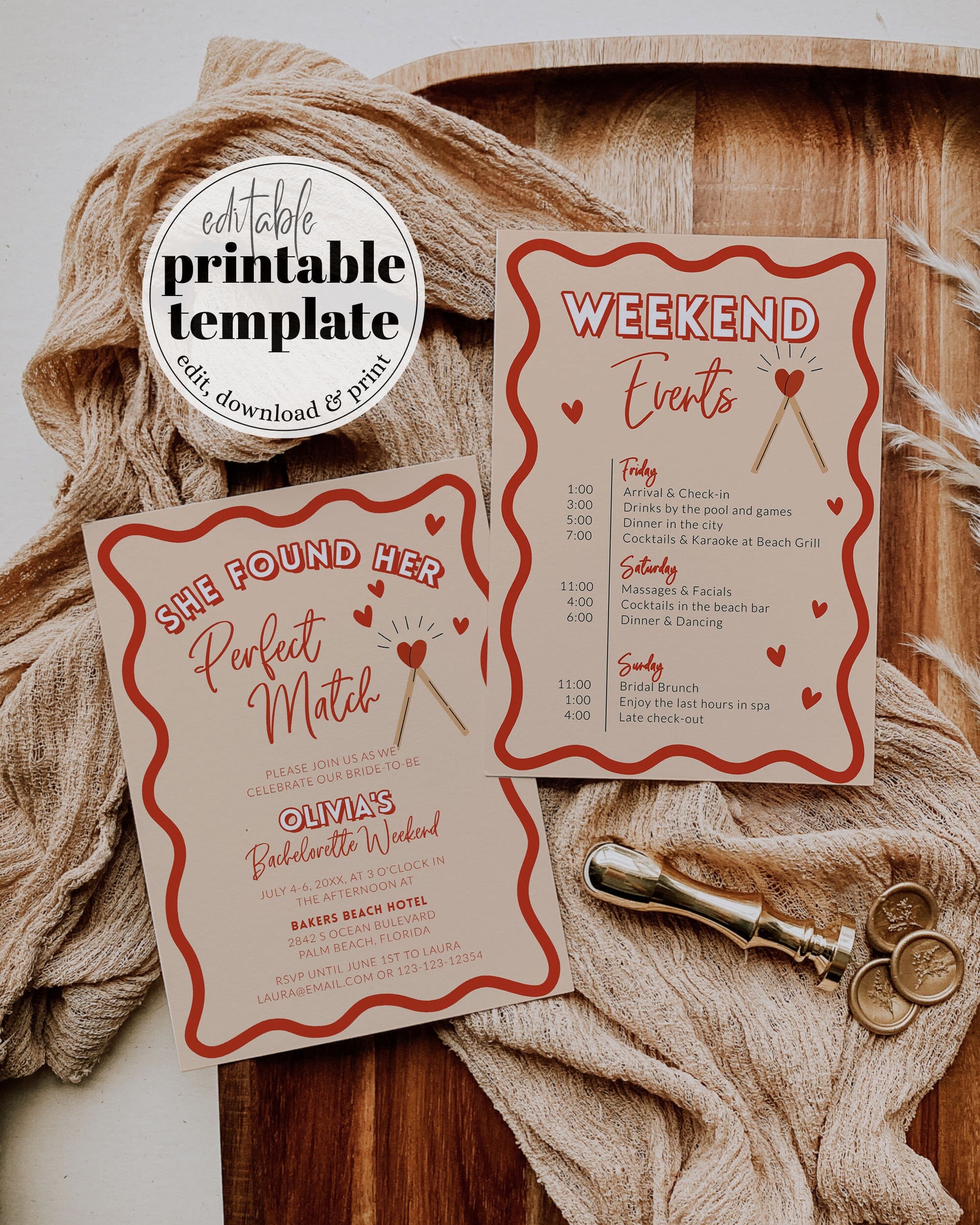 Perfect Match Bachelorette Weekend Schedule, She found her Match made in Heaven Digital Bach Invite for Miami Bach Girls Trip Printable #070 - TheLovebirdsDesign