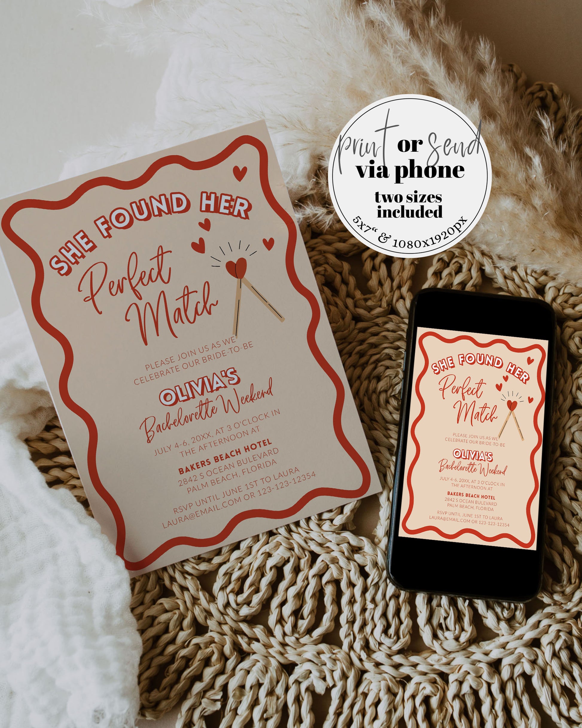 Perfect Match Bachelorette Weekend Schedule, She found her Match made in Heaven Digital Bach Invite for Miami Bach Girls Trip Printable #070 - TheLovebirdsDesign