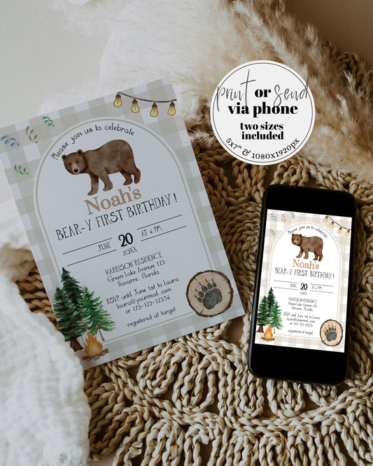 Woodland Bear Invite, Beary First Birthday Invite, One Happy Camper Lumberjack 1st Birthday Invitation Suite Neutral Bear Partie Decor #068 - TheLovebirdsDesign