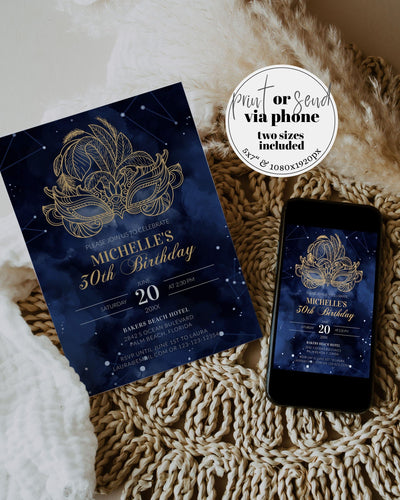 Luxury Masked Party Invitation Quinceanera, 30th Birthday, Sweet Sixteen Celebration, Downloadable Masquerade Invite Celestial Template #066 - TheLovebirdsDesign