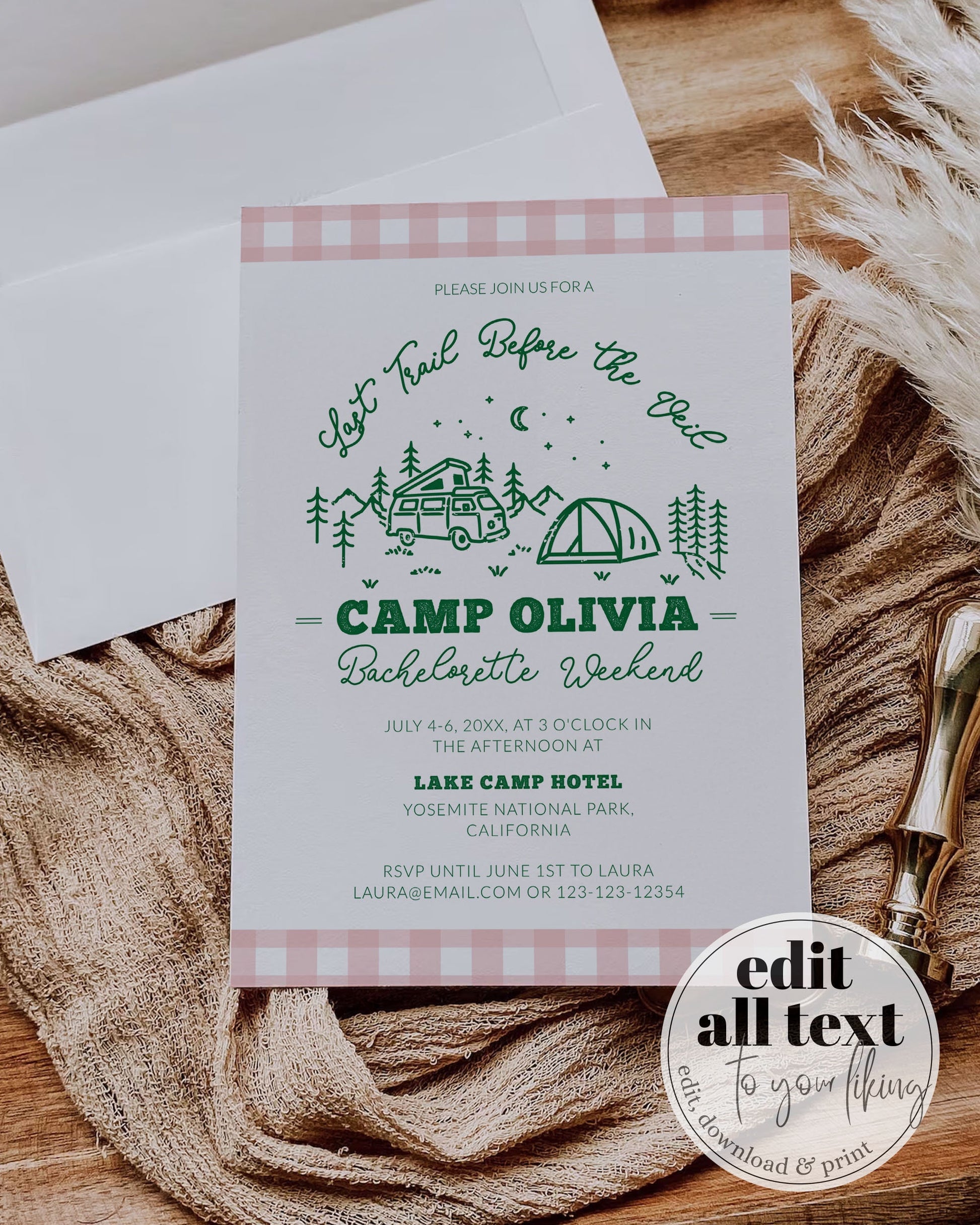 Camp Bachelorette Itinerary Camping Girls Trip Invitation Last Trail before the Veil Bachelorette Weekend Glamping Hen Do Bach Template #072 - TheLovebirdsDesign
